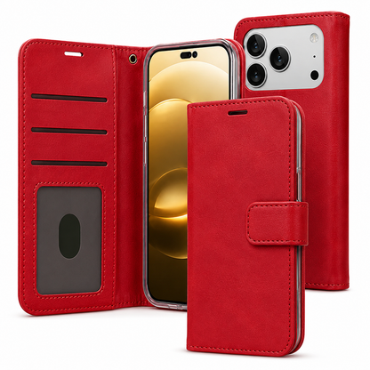 Premium Red Wallet Phone Case for Apple iPhone 17 Pro Max with Photo ID Window and Cash Pocket