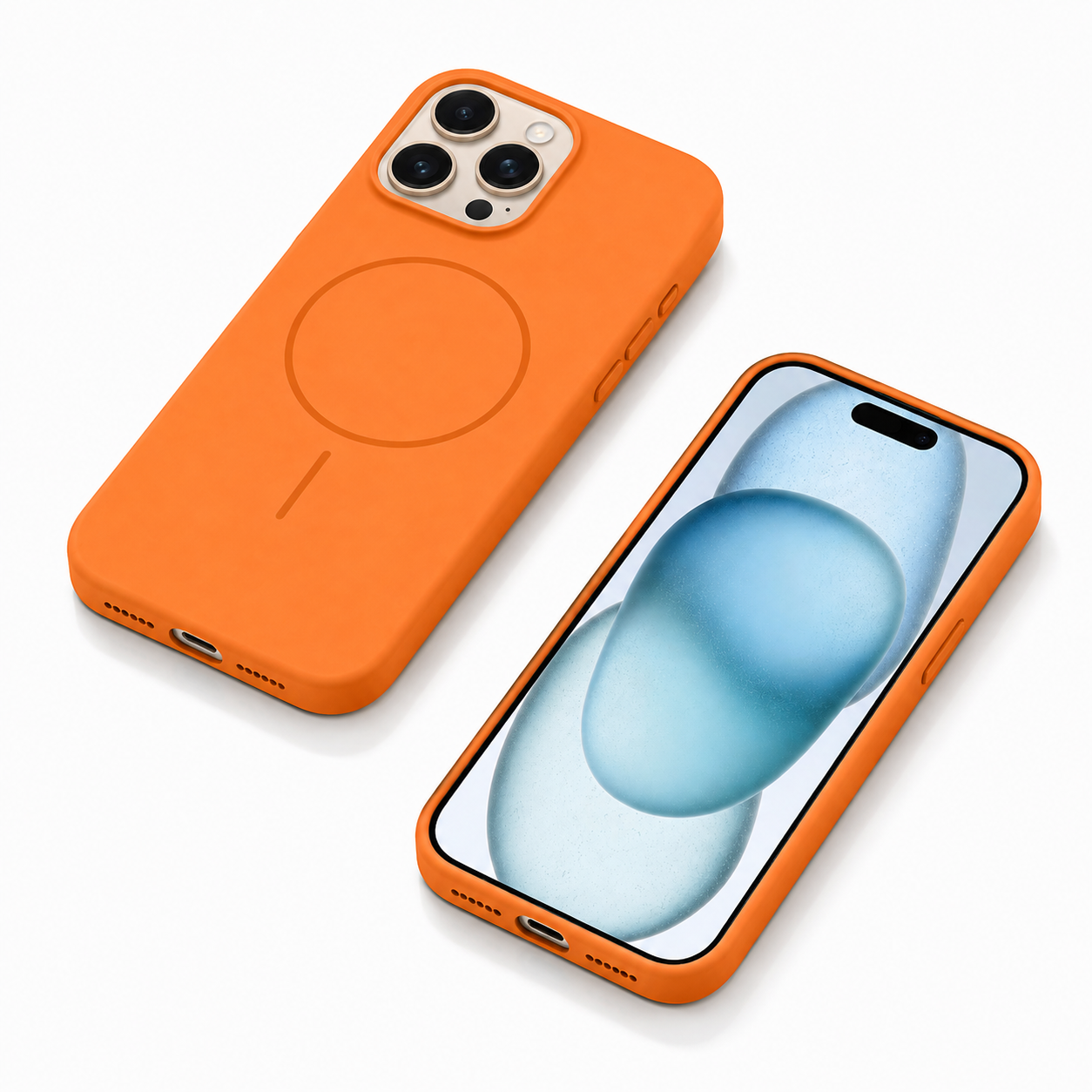 Orange silicone mobile cover with raised camera protection for iPhone 12