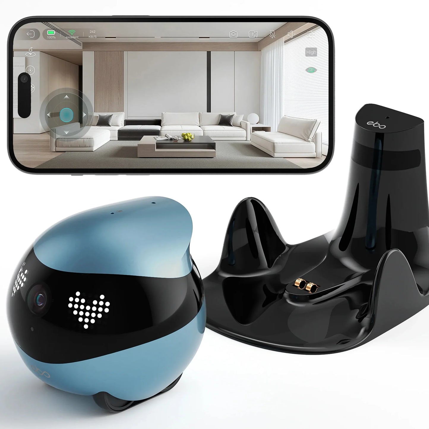 smart tech store Canada. premium tech accessories Canada. Enabot Ebo Air 2 Companion Robot. Gallery image 2. A small, round robotic device in a soft blue color is positioned in the foreground, featuring a glossy black band around its middle with two heart-shaped LED lights. It has a camera lens on the front and rolls on small wheels. Behind it, a sleek black charging dock with two gold connectors is visible.