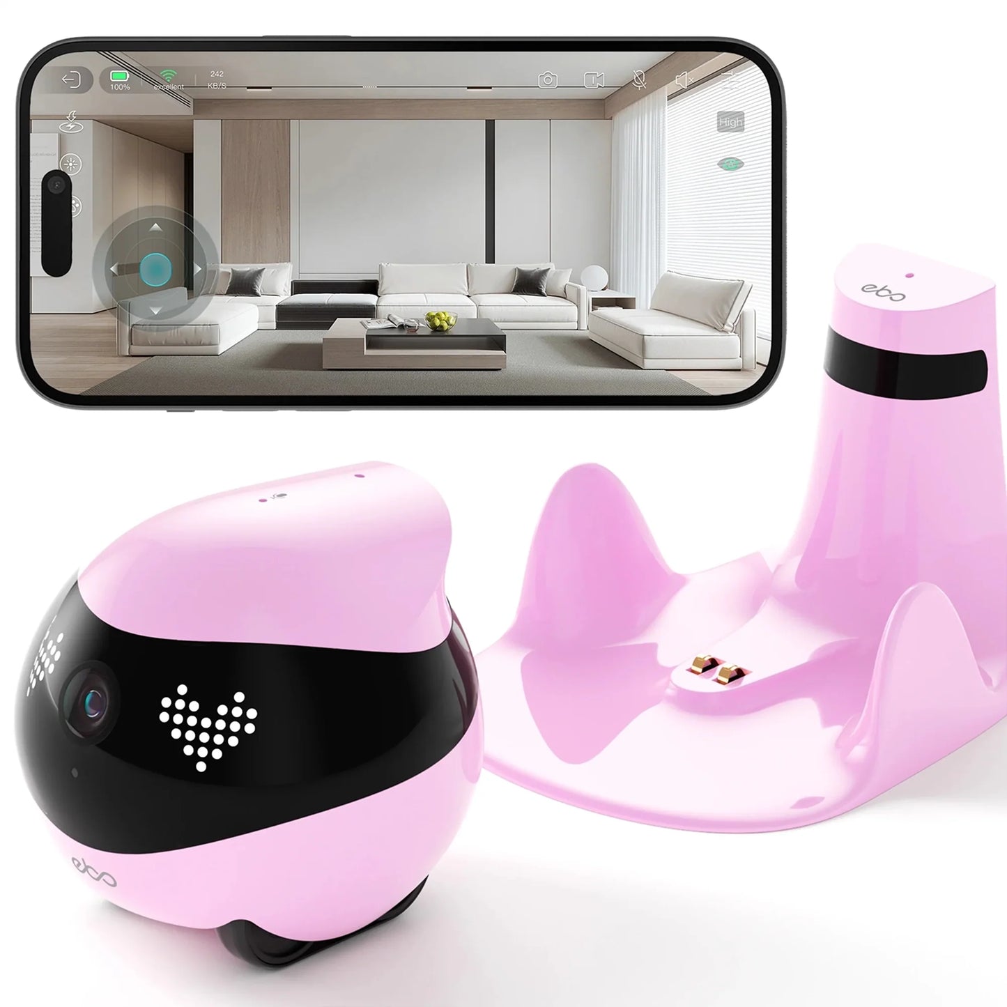 smart tech store Canada. premium tech accessories Canada. Enabot Ebo Air 2 Companion Robot. Gallery image 3. A pink robotic device with a glossy finish is positioned in the foreground, featuring a black band around its midsection with heart-shaped LED lights. It has a small camera lens on the front and rolls on two wheels. Behind it, a matching pink charging dock is visible, designed with two raised sections for stability.