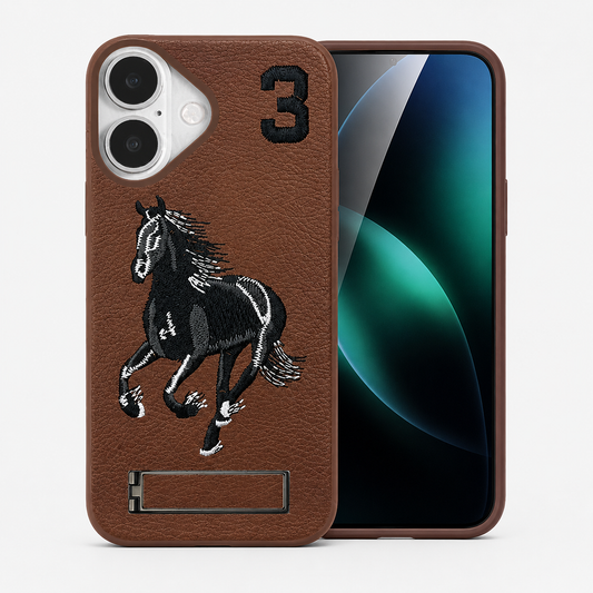 Brown Horse Design iPhone 17 Case, Leather Texture Phone Case, Kickstand Mobile Cover, MagSafe Compatible Case