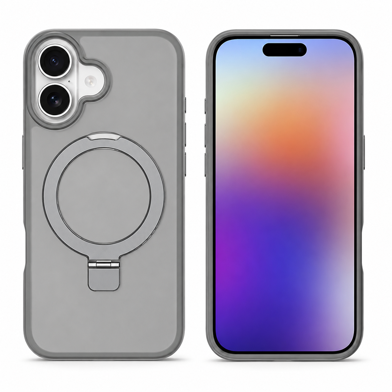 Grey rugged phone cover for iPhone 16 with raised camera protection