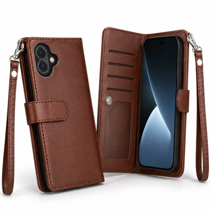 Shockproof brown leather-style wallet cover for Apple iPhone 17