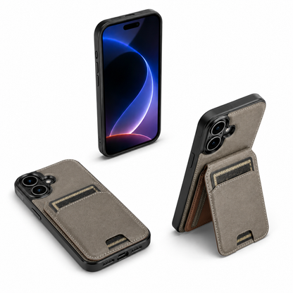 Slim Grey Leather Card Holder Case for Apple iPhone 16 Durable Protective Mobile Cover