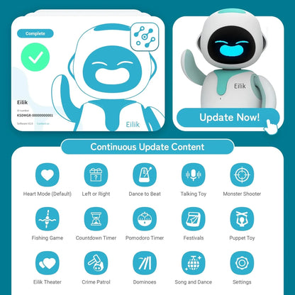 smart tech store Canada. premium tech accessories Canada. Eilik Desktop Companion AI Robot. Gallery image 5. The image features a friendly, cartoonish robot named Eilik, positioned prominently on the right side. Eilik has a white body with aqua accents and a digital face displaying a smiling expression. To the left, there is a card showing Eilik's ID and software version, with a green checkmark indicating completion.
