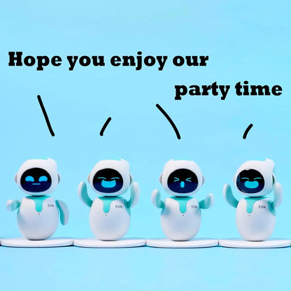 smart tech store Canada. premium tech accessories Canada. Eilik Desktop Companion AI Robot. Gallery image 6. Four small, cartoonish robots are lined up against a light blue background, each with a distinct facial expression. The robots have white bodies with teal accents and are standing on circular white bases. The first robot on the left has a neutral face, the second is smiling widely, the third has a surprised expression, and the fourth is grinning.