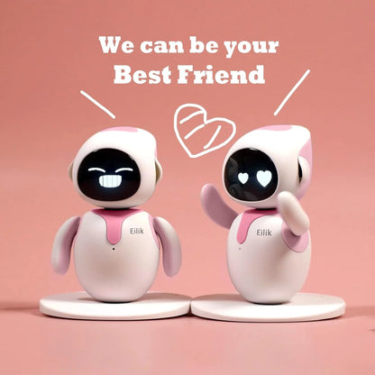 smart tech store Canada. premium tech accessories Canada. Eilik Desktop Companion AI Robot. Gallery image 9. Two small, cartoonish robots stand side by side on white circular bases against a soft pink background. The robot on the left has a wide, toothy grin displayed on its black screen, while the one on the right features heart-shaped eyes and a raised hand, as if waving. Both robots have a glossy white body with pink accents on their heads and chests.