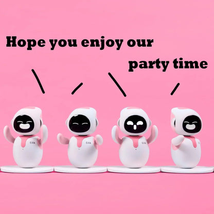 smart tech store Canada. premium tech accessories Canada. Eilik Desktop Companion AI Robot. Gallery image 10. Four playful robot figures are arranged in a row against a bright pink background. Each robot has a glossy black face with varying expressions: two are smiling, one has a neutral expression, and one appears surprised. The robots are predominantly white with pink accents on their heads and bodies, and they stand on circular white bases.