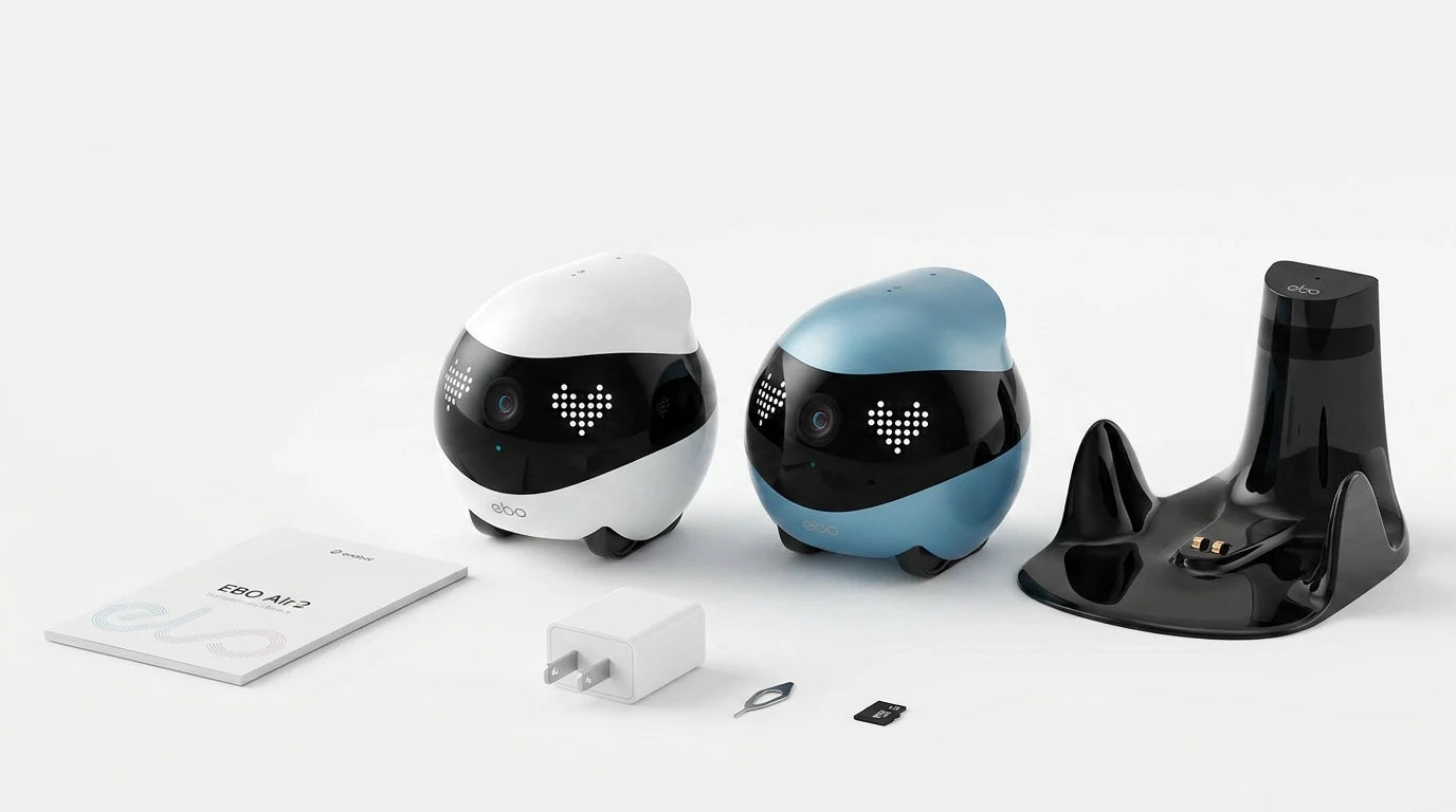 smart tech store Canada. premium tech accessories Canada. Enabot Ebo Air 2 Companion Robot. Gallery image 10. Lines name one specific SKU—never substitute a generic lookalike from the category. After review passes, each render should still read as a fresh studio viewpoint of that same physical unit.