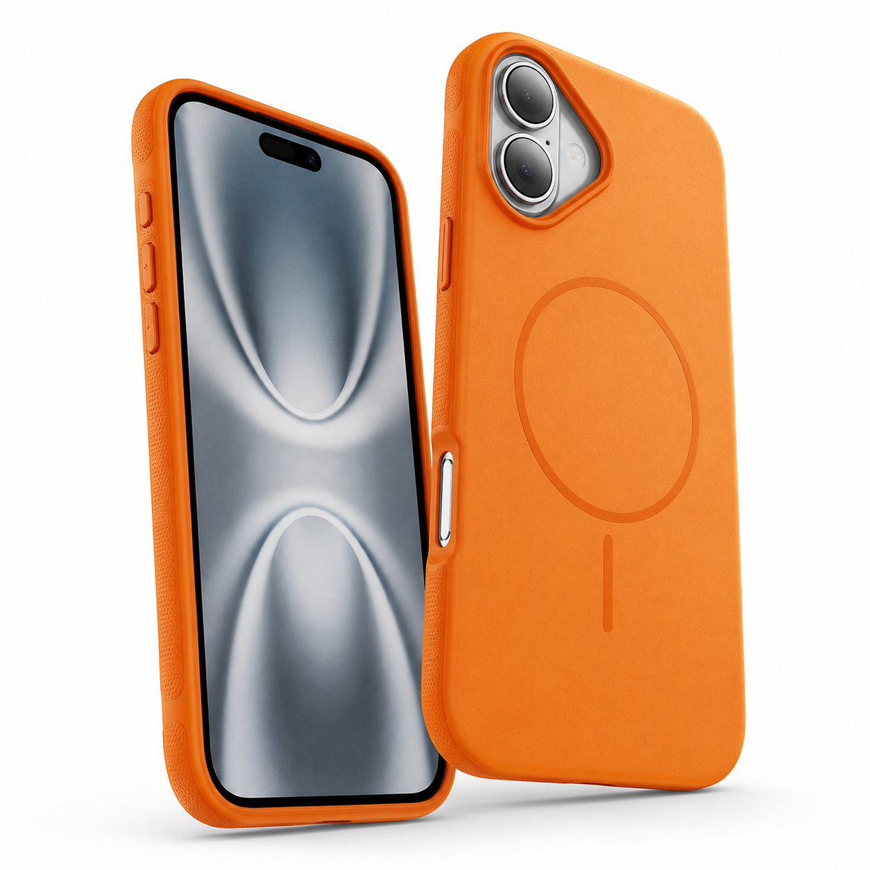 Apple iPhone 16 cover in orange glam finish with drop protection case and anti-scratch back panel