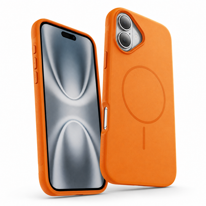 Apple iPhone 16 cover in orange glam finish with drop protection case and anti-scratch back panel