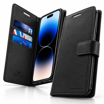 Goospery BlueMoon Leather Wallet Case for Apple iPhone 14 Pro Max - Black - side profile product view