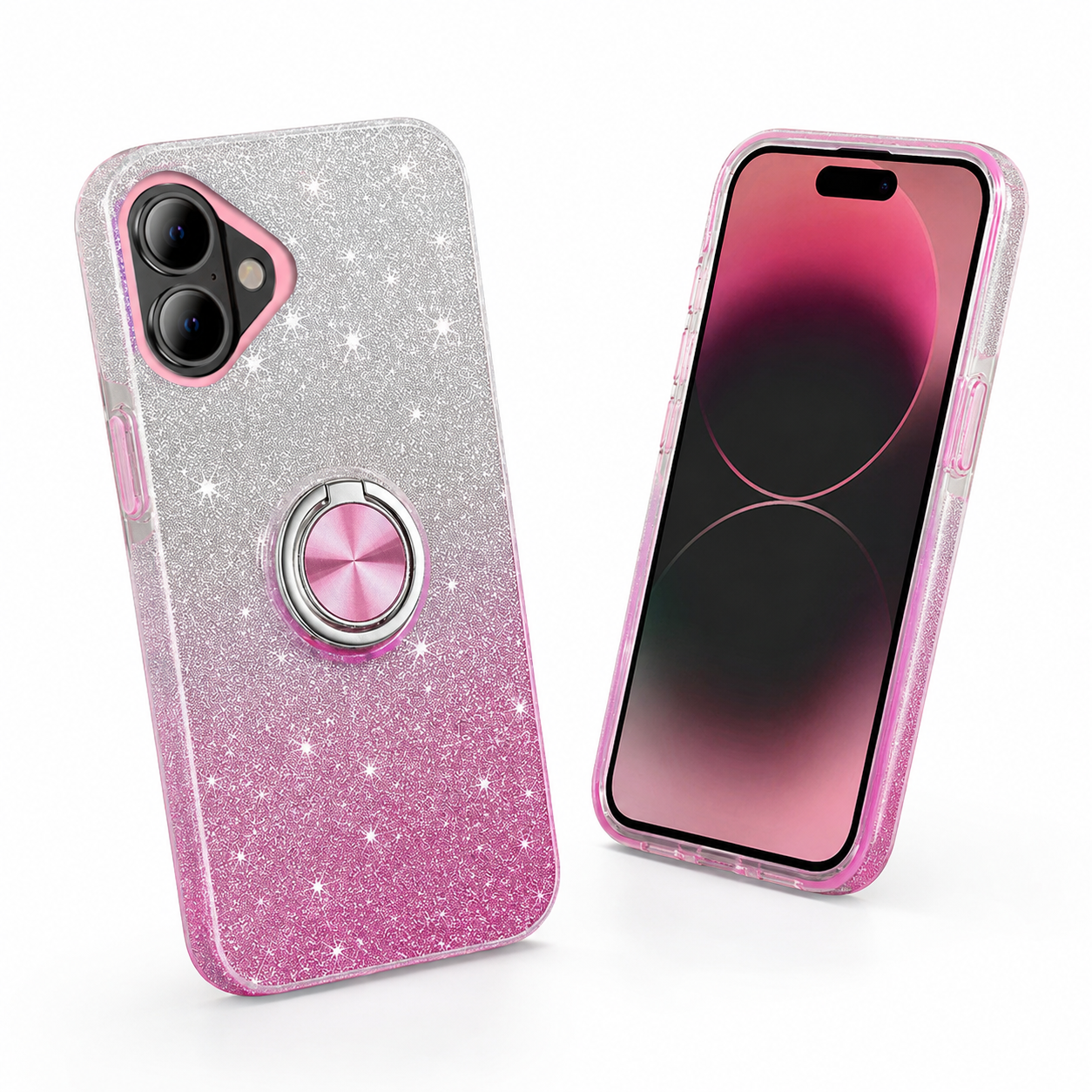 Apple iPhone 17 pink glitter phone case with rotating ring holder