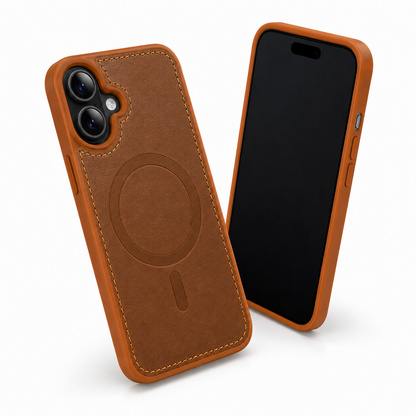 Premium Saddle Brown MagSafe Leather Phone Cover for Apple iPhone 16 Shockproof Case