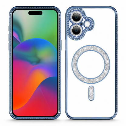 Blue Glitter MagSafe Case for Apple iPhone 17 with Crystal Clear Protective Back Cover