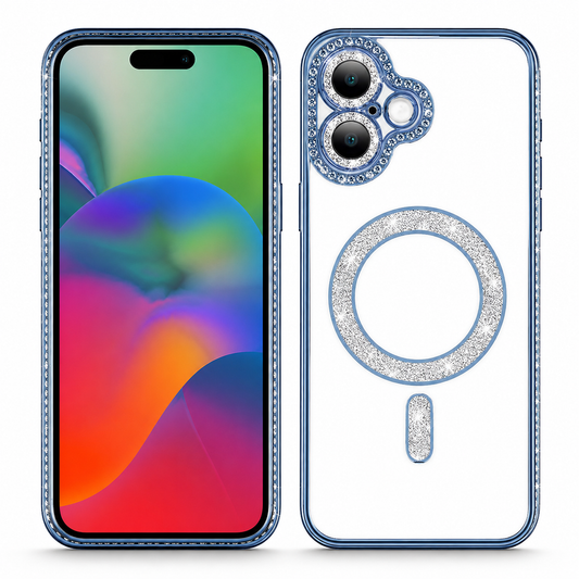 Blue Glitter MagSafe Case for Apple iPhone 17 with Crystal Clear Protective Back Cover