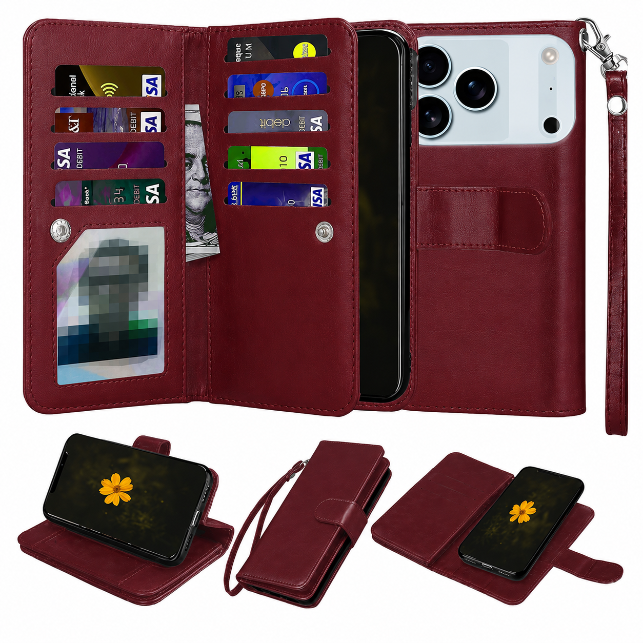  Wine iPhone 17 Pro Max Wallet Case, 9 Card Holder Case, Detachable Leather Phone Cover, Protective Phone Case