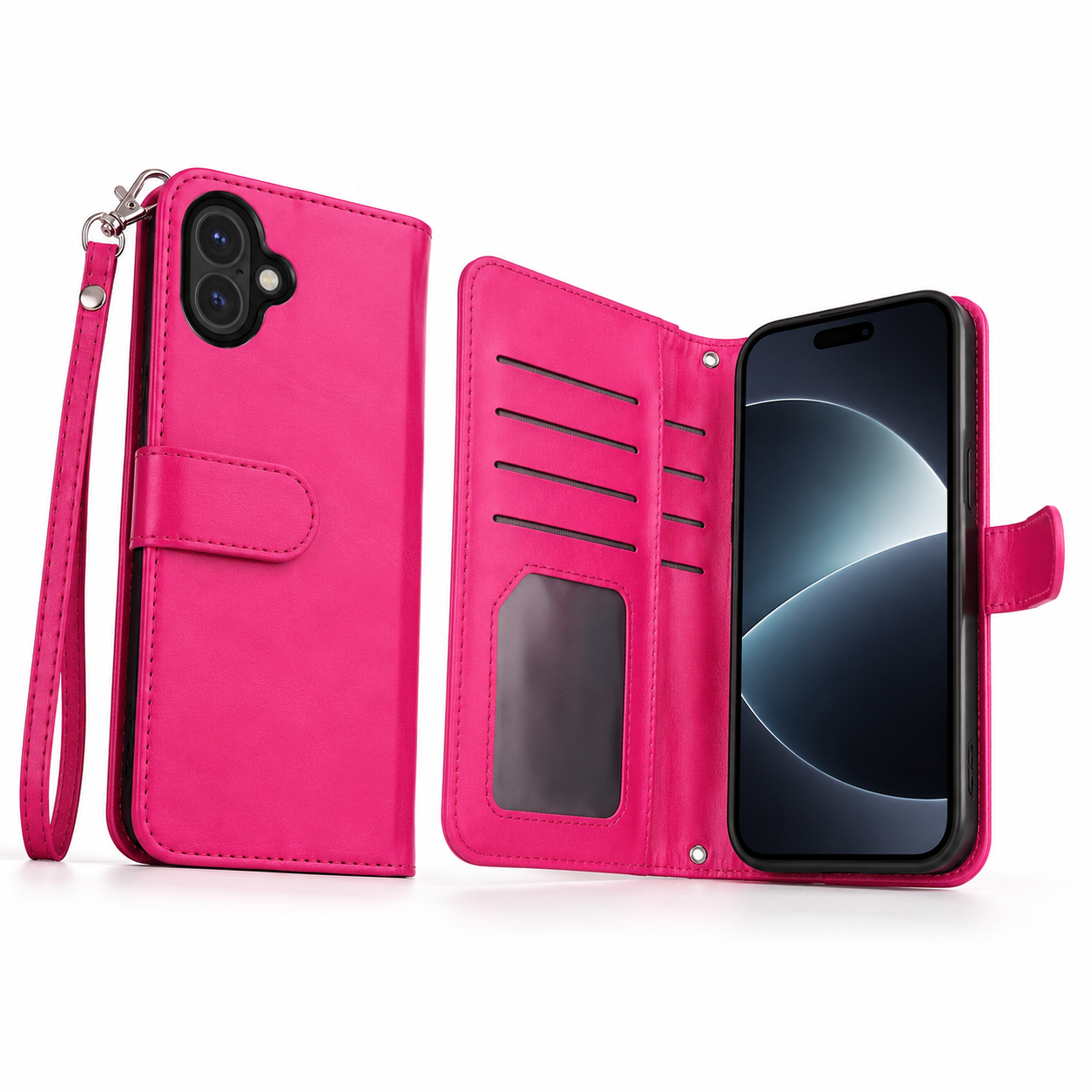 Detachable bifold card holder case for iPhone 17 in hot pink