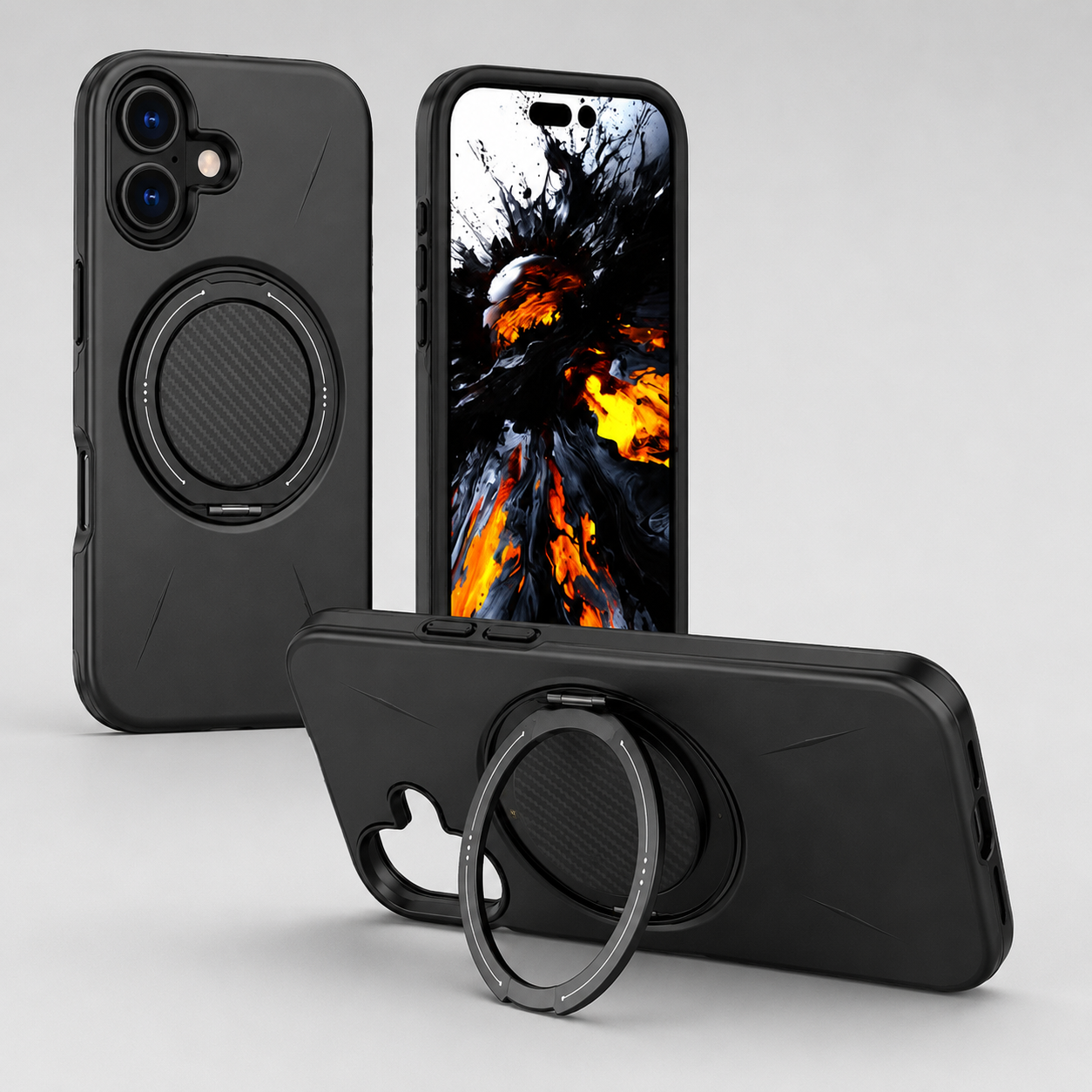 Black MagSafe Forge Ring Case for Apple iPhone 16, shockproof phone case, protective mobile cover, kickstand case