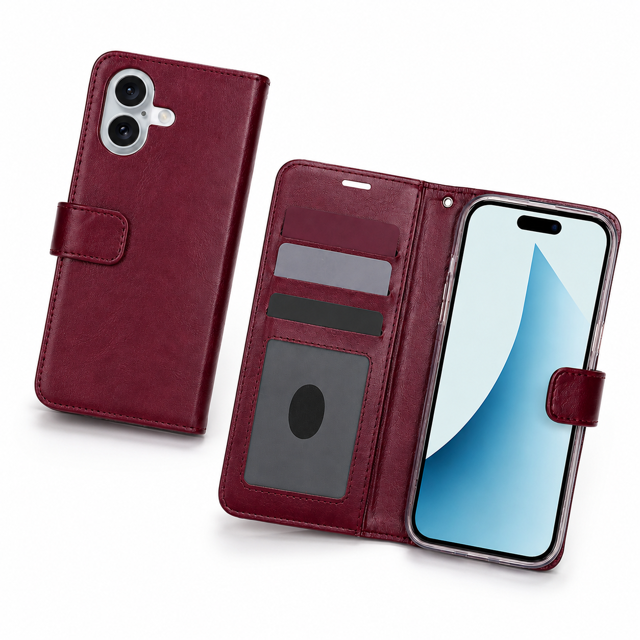 Apple iPhone 17 wine wallet phone case with transparent ID window