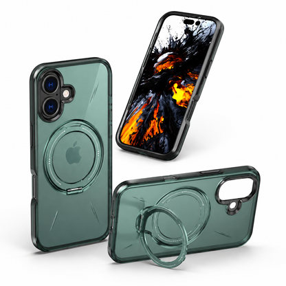 Green iPhone 17 Protective Case featuring MagSafe compatibility, ring stand, impact-resistant phone case, wireless charging