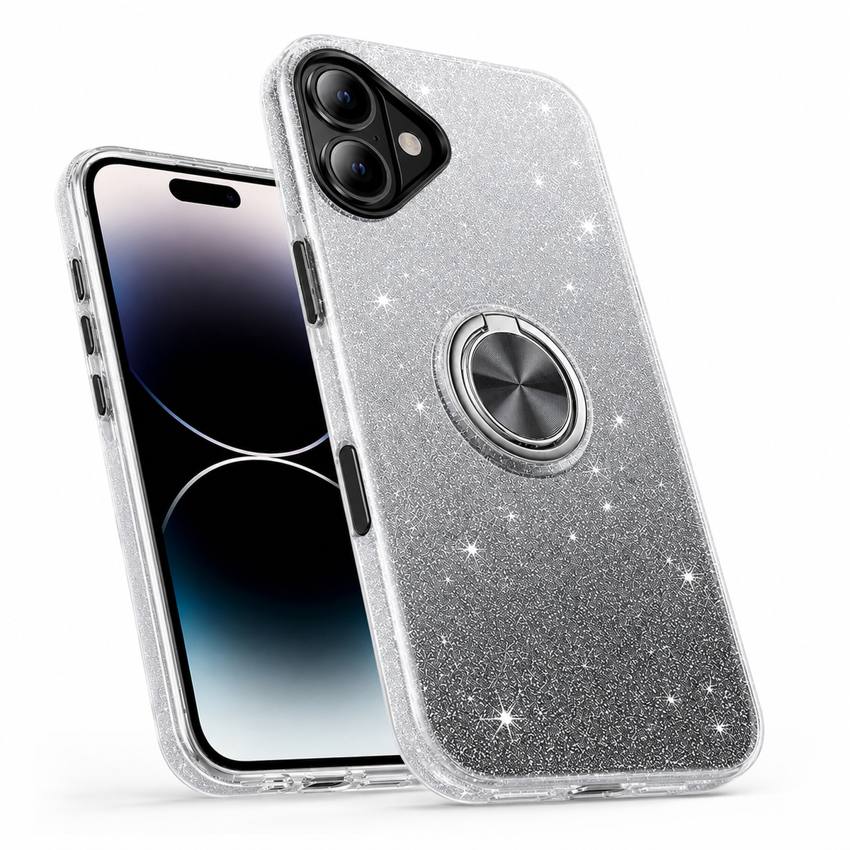 Black and silver iPhone 16 protective kickstand phone cover