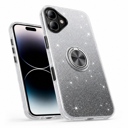 Black and silver iPhone 16 protective kickstand phone cover