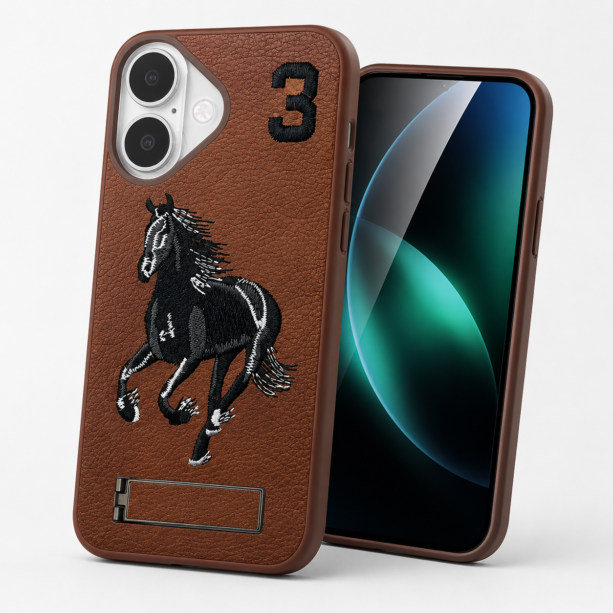 OTCR Horse Design Stand Case, Slim Protective iPhone 16 Cover, Impact Resistant Phone Case, Durable Mobile Cover