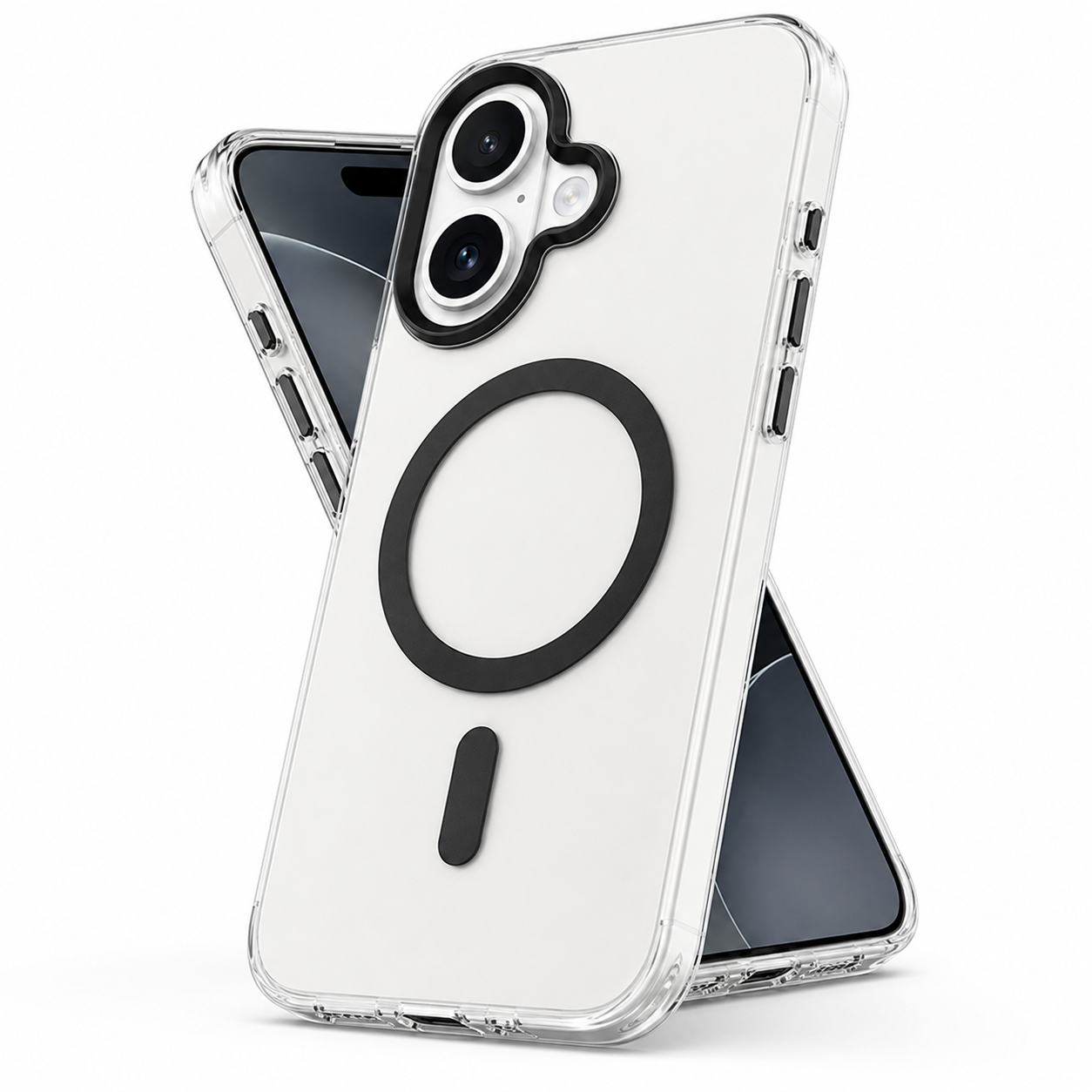 Slim Black iPhone 16 Protective Case with clear back panel, military-grade drop protection, anti-scratch phone cover, and MagSafe compatibility