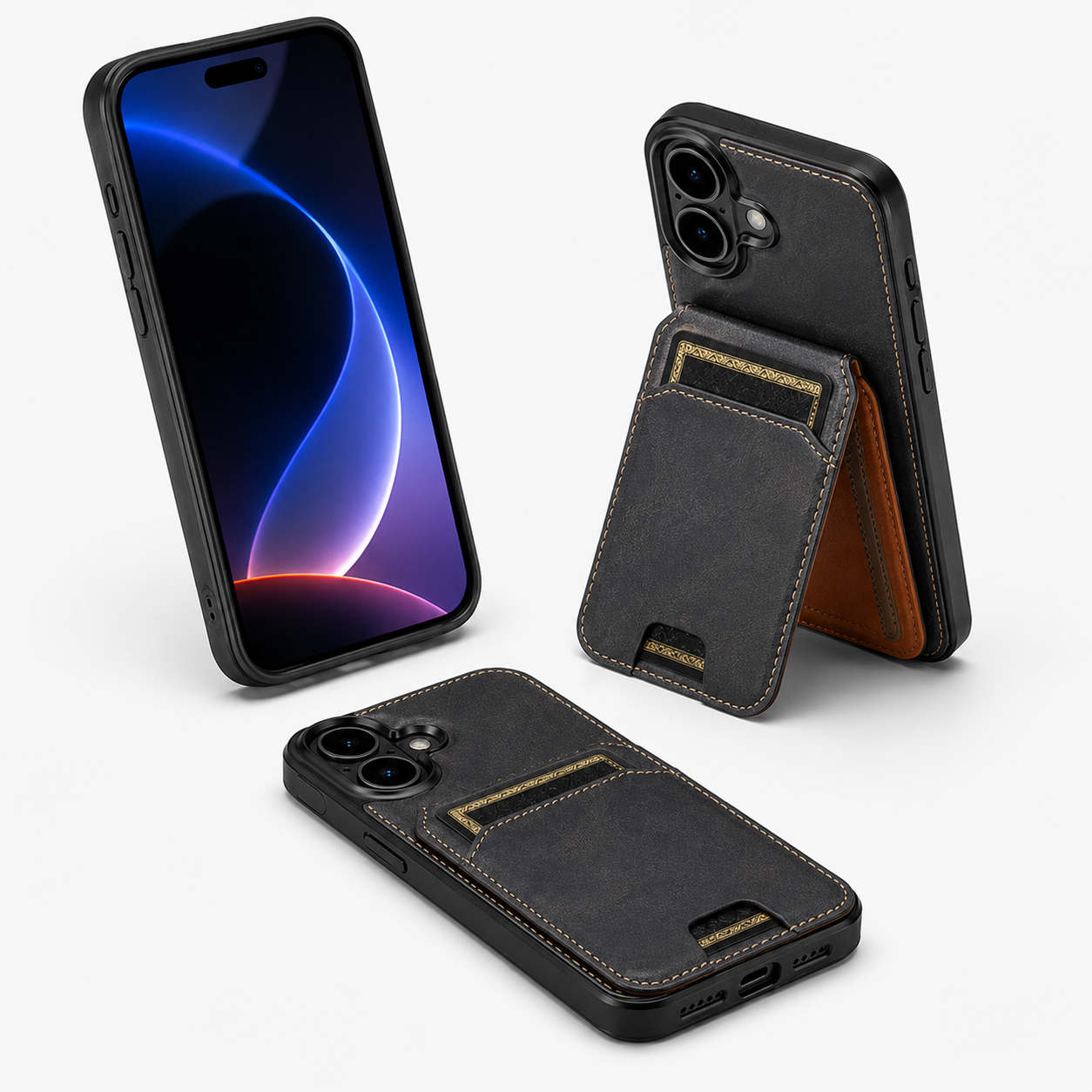 Luxury Black Leather Card Holder Case for Apple iPhone 16 Durable Protective Mobile Cover