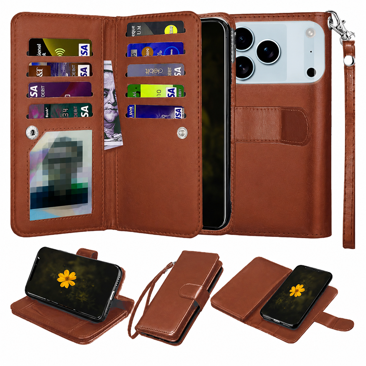  Brown iPhone 17 Pro Max Wallet Case with 9 Card Holder, Detachable Phone Case, Premium Leather Cover