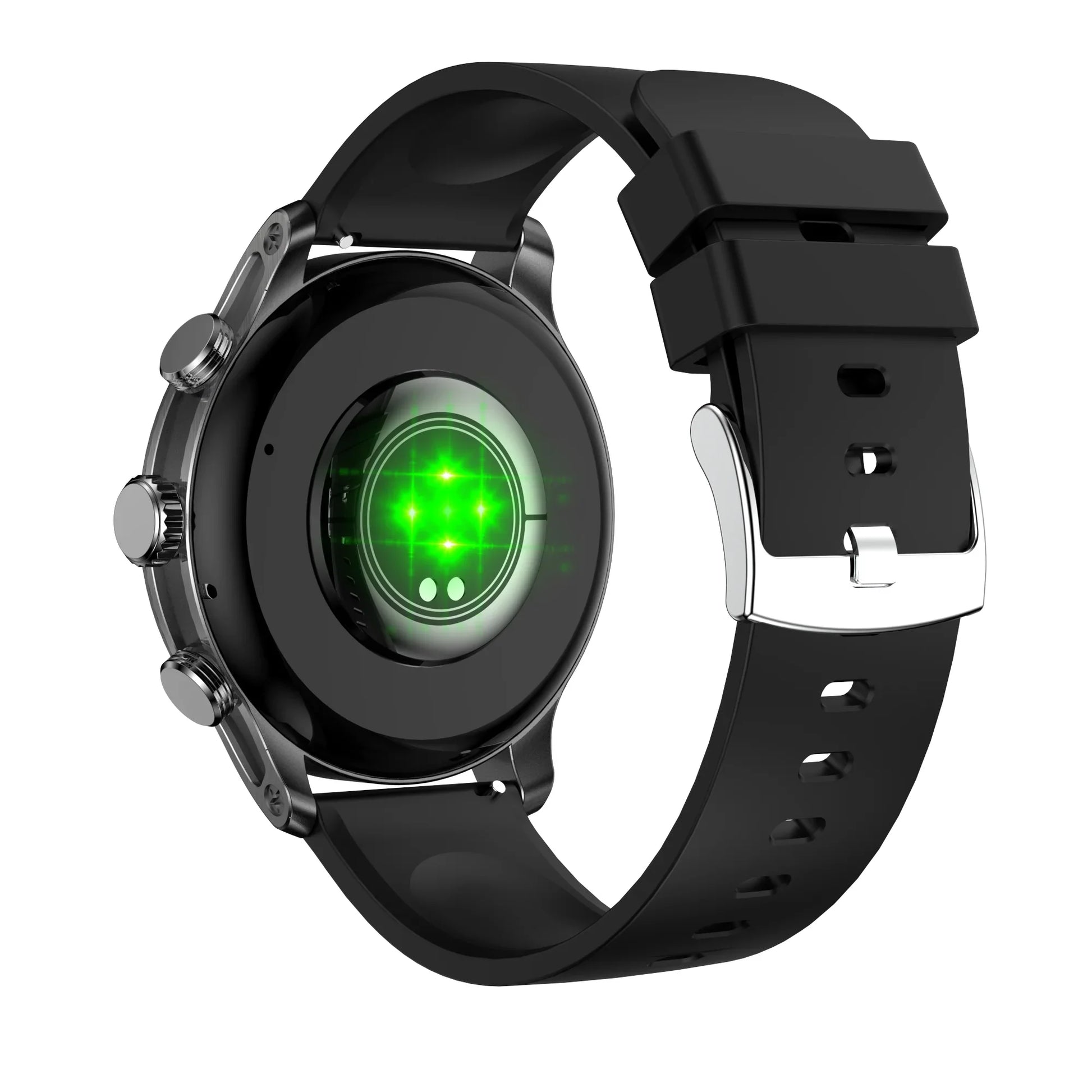future tech gadgets Canada. smart tech store Canada. Techtron FAMO63 Fashion Smart Watch. Gallery image 5. The smartwatch is positioned at an angle, showcasing its round black body and a green light emanating from the back, indicating a sensor in use. The strap is made of matte black rubber, featuring multiple holes for adjustment, and is secured with a silver metal buckle. To the left of the watch, three metallic buttons are visible, adding to its functionality.
