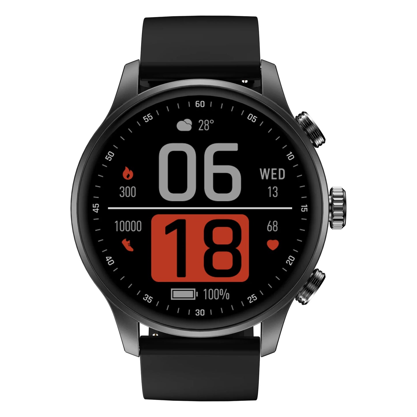 future tech gadgets Canada. smart tech store Canada. Techtron FAMO63 Fashion Smart Watch. Gallery image 4. The smartwatch is centered in the frame, showcasing a round black face with a sleek metallic bezel. The display features a dark background with bold, colorful numbers and icons: the date is shown as "06 WED 13," and the time reads "18" in a large red font. Below, a battery icon indicates "100%." The watch has a matte black strap that appears smooth and flexible.