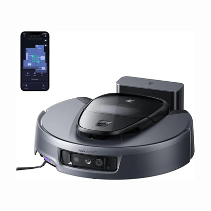 cutting edge electronics online Canada. smart tech store Canada. 3i Smart Robot Vacuum and Mop (G10 +). Gallery image 1. A sleek, round robotic vacuum is prominently displayed in the center of the frame, featuring a matte gray body with a glossy black top. The front of the vacuum includes a small control panel and two sensors, while a charging dock is visible behind it. To the left, a smartphone shows a user interface with a map of a home layout, indicating cleaning zones.