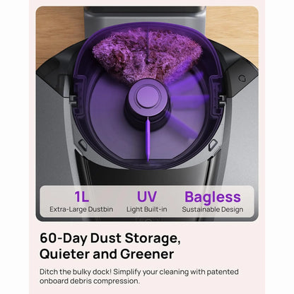 cutting edge electronics online Canada. smart tech store Canada. 3i Smart Robot Vacuum and Mop (G10 +). Gallery image 3. The image features a close-up view of a vacuum cleaner's dustbin, prominently displaying a purple, translucent container filled with debris. The dustbin is situated at the top of the vacuum, with a circular opening and a central fan-like structure visible inside.