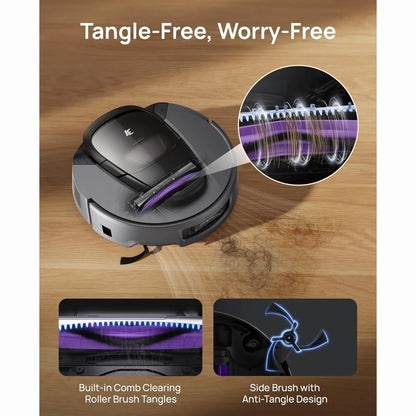 cutting edge electronics online Canada. smart tech store Canada. 3i Smart Robot Vacuum and Mop (G10 +). Gallery image 5. A round, dark gray robotic vacuum is positioned slightly off-center on a light wooden surface. The vacuum features a glossy black top with a purple comb-like roller brush visible at the front, designed to prevent tangles.