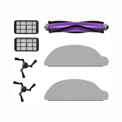 smart tech store Canada. premium tech accessories Canada. 3i G10+ Accessory Kit. Gallery image 1. The image features a collection of vacuum cleaner accessories arranged neatly on a white background. At the center, there is a purple and black brush roll, flanked by two rectangular filters with a grid pattern in black frames. Below them are two gray side brushes with bristles, positioned symmetrically.