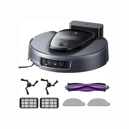smart tech store Canada. premium tech accessories Canada. 3i G10+ Accessory Kit. Gallery image 2. The robotic vacuum cleaner is positioned centrally in the frame, showcasing its sleek, round design with a matte dark gray finish. The top features a glossy black panel with a small control button and a logo. In front, there are two visible cameras and a purple accent trim.