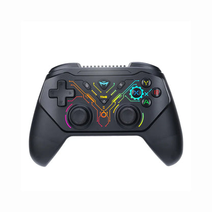 future tech gadgets Canada. premium tech accessories Canada. Machenike G3s Dual-mode Controller. Gallery image 2. The game controller is centered in the frame, showcasing a sleek black body with a glossy finish. It features two large, textured analog sticks and a variety of buttons, including a directional pad on the left and action buttons on the right, each labeled with letters and symbols.