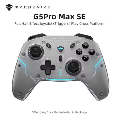 future tech gadgets Canada. premium tech accessories Canada. Machenike G5 Pro Max SE Tri-Mode Controller. Gallery image 2. The gaming controller is centered in the frame against a seamless white background. It features a transparent body with blue LED accents, showcasing the internal components. The layout includes two analog sticks, a directional pad, and several buttons labeled with letters and numbers. The controller has a sleek, modern design with a matte finish.