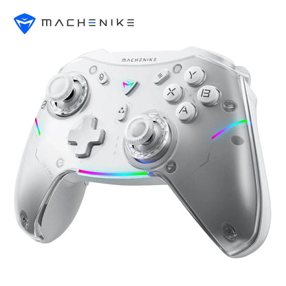 future tech gadgets Canada. premium tech accessories Canada. Machenike G5 Pro Tri-Mode Controller. Gallery image 2. The image features a white gaming controller positioned at a slight angle, showcasing its front and side. The controller has a glossy finish with a transparent casing, revealing internal components. Colorful LED lights are visible along the bottom edge, adding a vibrant touch.