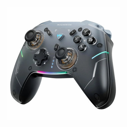 future tech gadgets Canada. premium tech accessories Canada. Machenike G5 Pro V2 Tri-Mode Controller. Gallery image 3. The gaming controller is positioned at a slight angle, showcasing its sleek design against a seamless white background. The body features a translucent black finish with colorful LED accents along the sides, highlighting its modern aesthetic. Prominent buttons labeled A, B, X, and Y are visible, along with a textured D-pad and two analog sticks with clear tops.