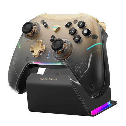future tech gadgets Canada. premium tech accessories Canada. Machenike G5 Pro V2 Tri-Mode Controller. Gallery image 1. The image features a gaming controller positioned at an angle on a sleek charging dock. The controller has a transparent body with a gradient that transitions from gold to black, showcasing colorful LED accents along the edges. Prominent buttons, including a gold D-pad and black action buttons labeled A, B, X, and Y, are clearly visible.