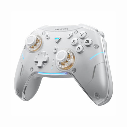 future tech gadgets Canada. premium tech accessories Canada. Machenike G5 Pro V2 Tri-Mode Controller. Gallery image 2. The controller is prominently displayed at an angle, showcasing its sleek, glossy white body with transparent accents around the thumbsticks. The left thumbstick features a textured grip, while the right has a smooth surface, both illuminated by soft LED lights.