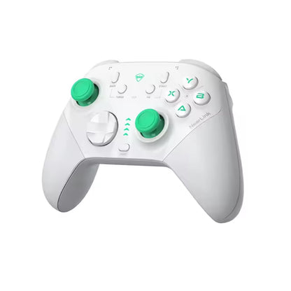 future tech gadgets Canada. premium tech accessories Canada. Machenike G6 Pro Tri-Mode Controller. Gallery image 2. The game controller is positioned at a slight angle, showcasing its front view against a seamless white background. It features a predominantly white body with vibrant green accents on the thumbsticks and several buttons, including the directional pad and action buttons. The surface appears glossy, reflecting soft light, which highlights the controller's contours.