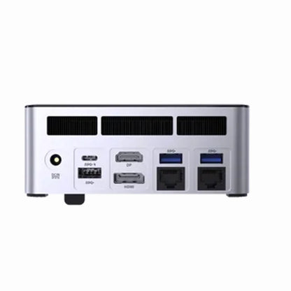 future tech gadgets Canada. gaming handheld PC Canada. Machenike GTX PH94H28 Mini PC. Gallery image 2. The image shows the rear view of a compact silver computer unit, positioned centrally against a plain white background. The surface is smooth and reflective, highlighting the sleek design. Various ports are visible, including two USB-A ports with blue accents, a USB-C port, a DisplayPort, an HDMI port, and two Ethernet ports.
