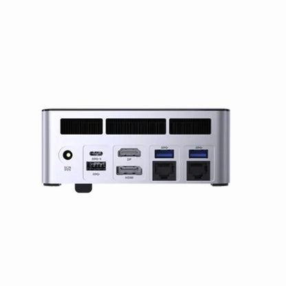 future tech gadgets Canada. smart tech store Canada. Machenike GTX PH94H48 Mini PC. Gallery image 2. The image shows the back view of a compact silver computer unit, positioned horizontally and centered in the frame. The surface is plain white, emphasizing the product's sleek design. Various ports are visible, including two USB-C, one DisplayPort, one HDMI, and two Ethernet ports, all neatly arranged. Above the ports, there are two horizontal ventilation grilles.
