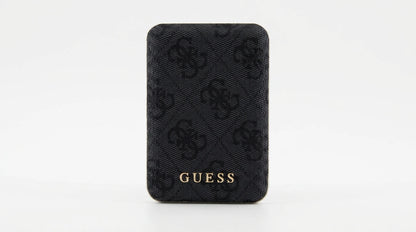 future tech gadgets Canada. premium tech accessories Canada. Guess BP MagSafe Case + PWB 5000mAh 4G. Gallery image 10. The product is a black cardholder, centered in the frame against a seamless white background. The cardholder features a textured fabric with a subtle pattern of the brand's logo, which is embossed in a darker shade of black. At the bottom, the word "GUESS" is prominently displayed in gold lettering, adding a touch of elegance.