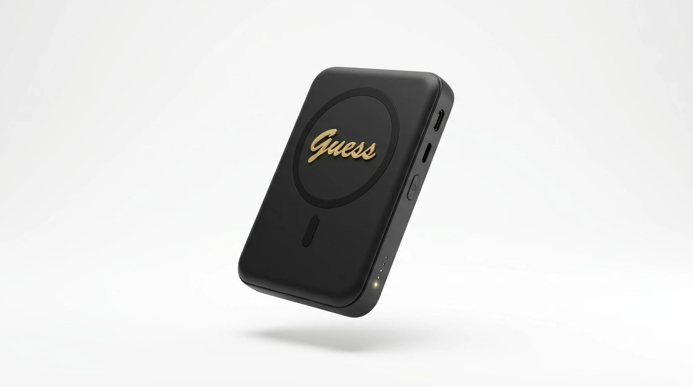 cutting edge electronics online Canada. premium tech accessories Canada. Guess Powerbank Magsafe Metal Script Logo 5000mAh 15W Black. Gallery image 7. Lines name one specific SKU—never substitute a generic lookalike from the category. After review passes, each render should still read as a fresh studio viewpoint of that same physical unit.