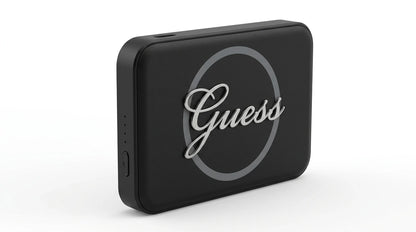 cutting edge electronics online Canada. premium tech accessories Canada. Guess Powerbank Magsafe Metal Script Logo 5000mAh 15W Black. Gallery image 8. Lines name one specific SKU—never substitute a generic lookalike from the category. After review passes, each render should still read as a fresh studio viewpoint of that same physical unit.